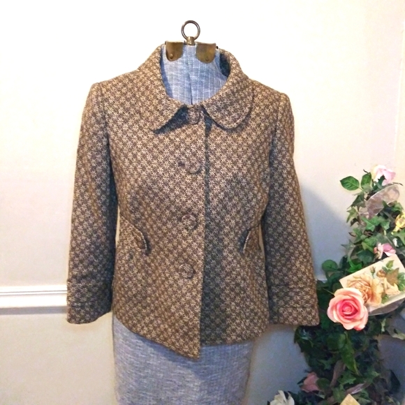 LOFT Retro 1950's Style Brown & Taupe Wool Blend Floral Tweed 3/4 Sleeve Jacket - Picture 9 of 9